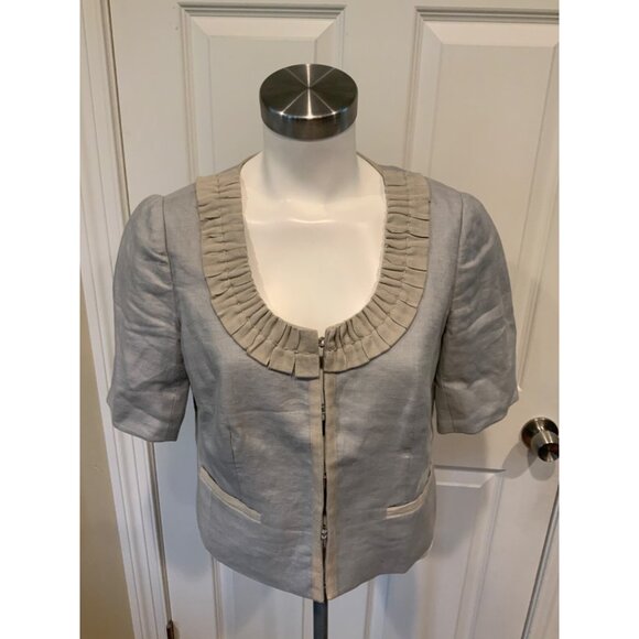 J. Crew Gray Short Sleeve Linen Jacket W/ Tan Gathered Neckline, Size 4 - Picture 1 of 5